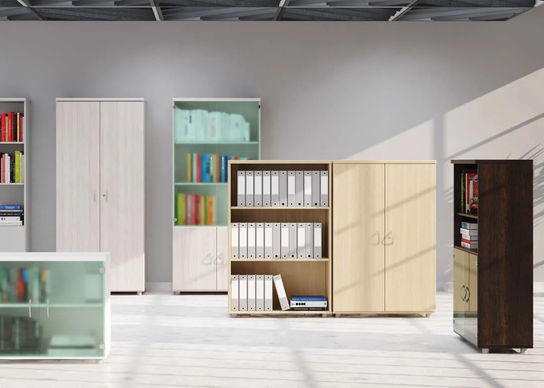 Armarios de oficina con puertas y estanterías de archivo
