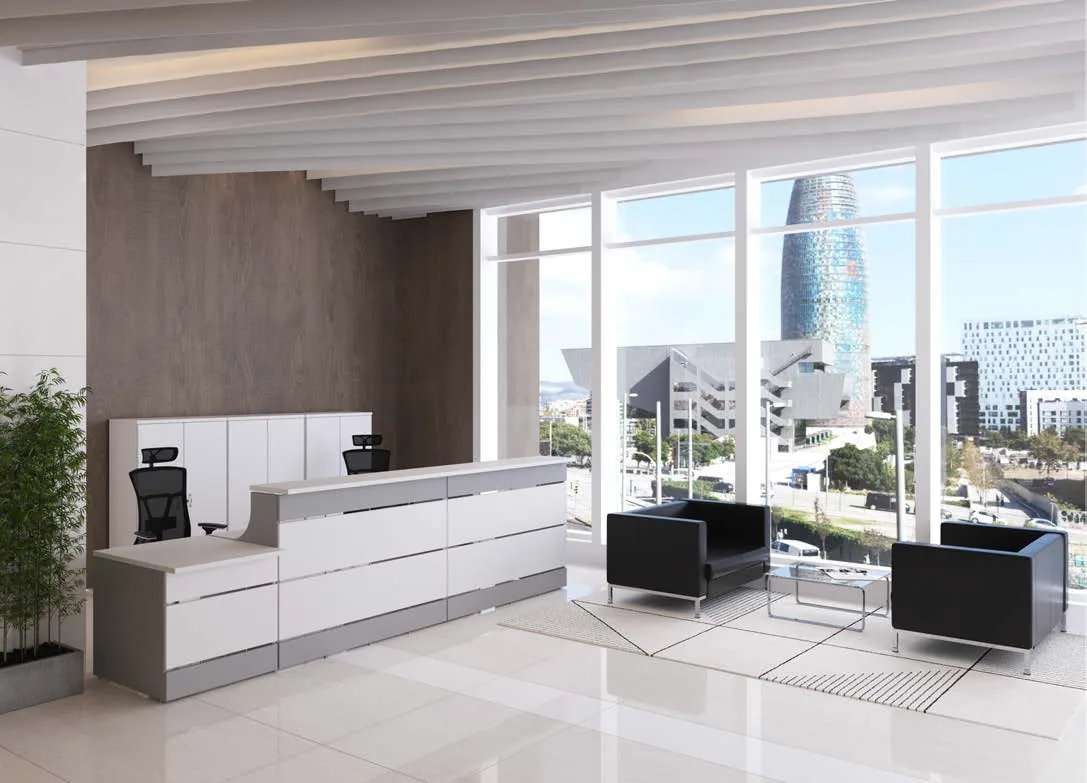 Recepción de oficina con mostrador modular en acabado blanco